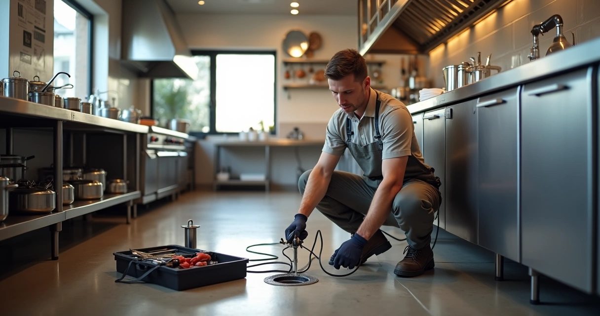 Técnico a fazer inspeção preventiva numa cozinha profissional com canalização exposta 
