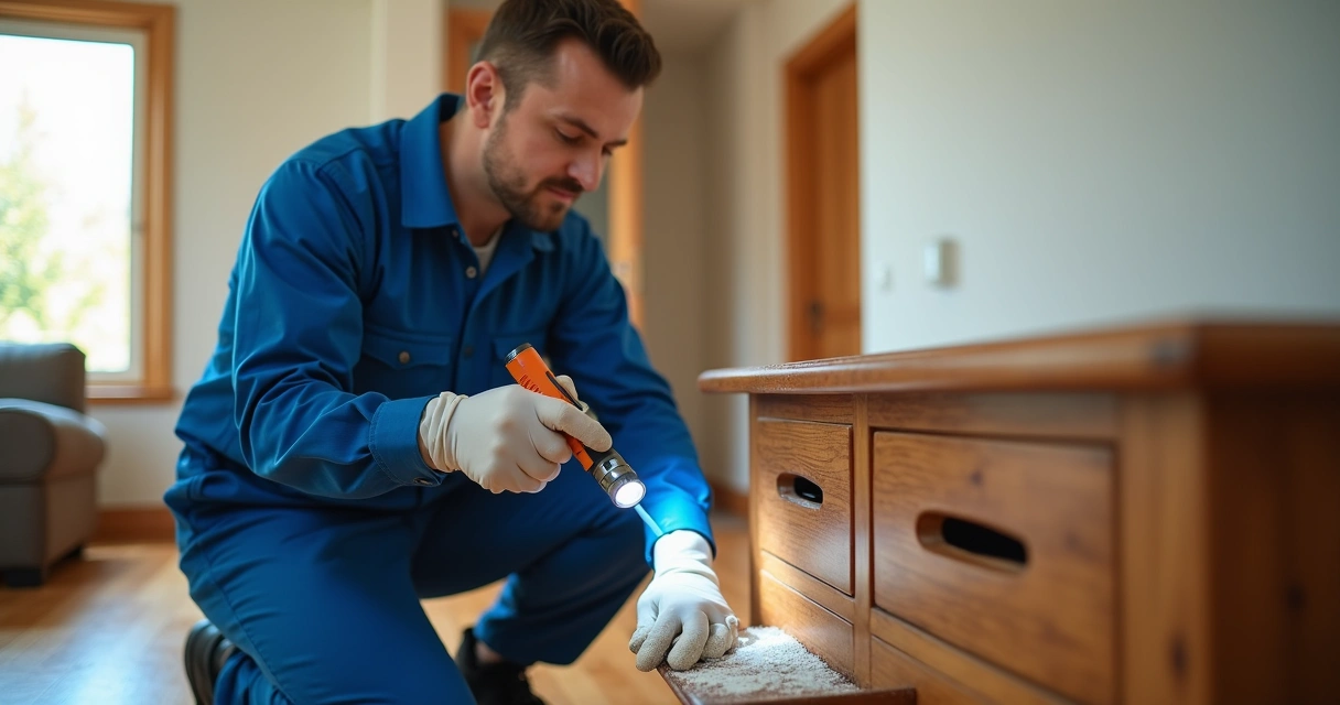 Técnico inspecionando móveis de madeira em busca de cupins 