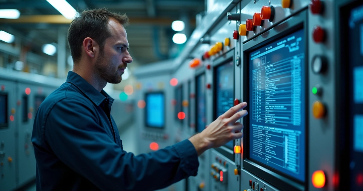 Técnico inspecionando painel de controle industrial com sensores e tablets 