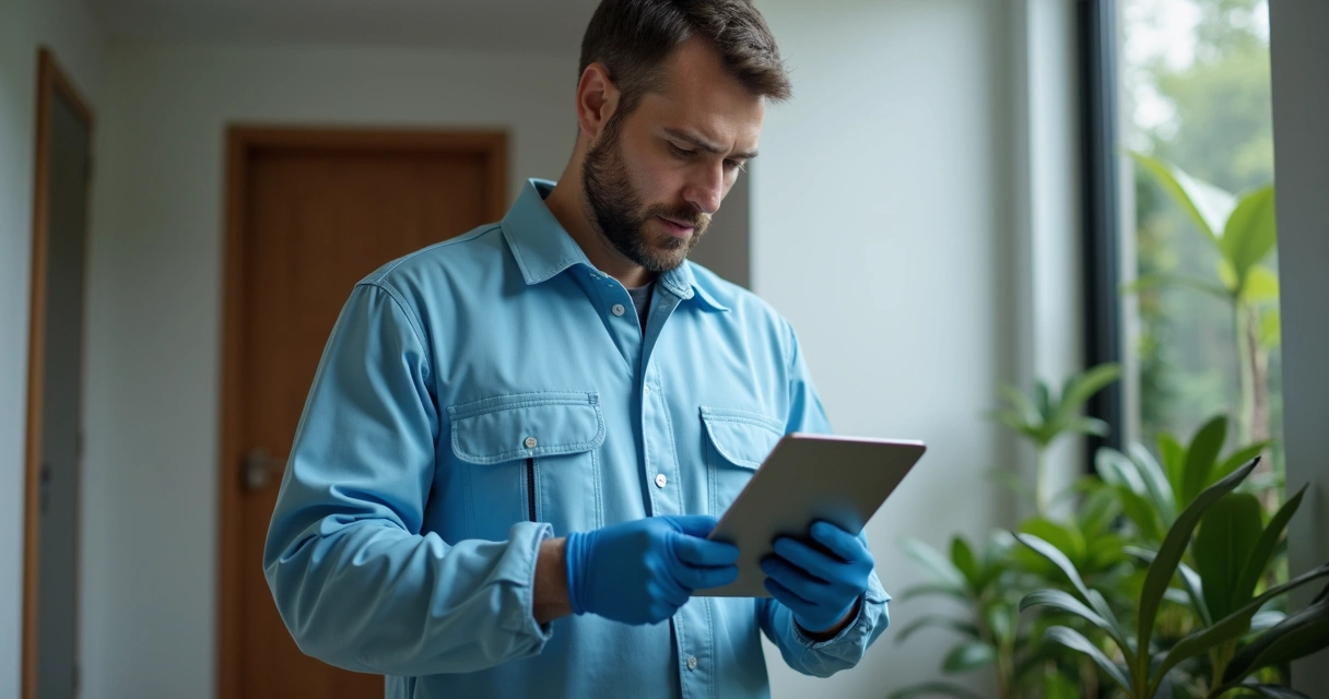 Técnico examinando ambiente urbano com tablet para inspeção de pragas 
