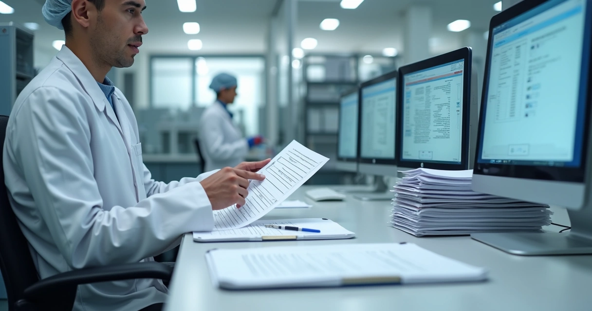 Fiscal conferindo documentos e registros em mesa de inspeção 