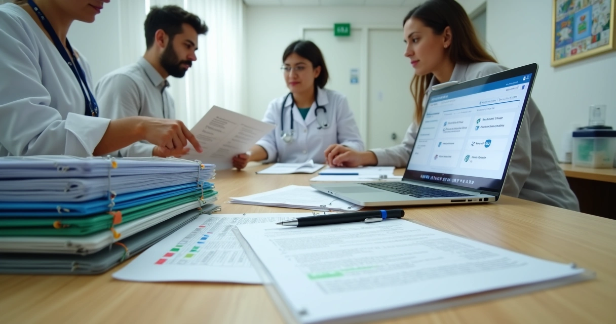 Mesa de auditoria com documentos de clínica odontológica e fiscal da Anvisa revisando relatórios 