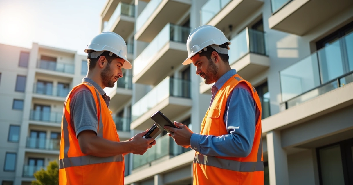 Engenheiros inspecionam fachada de edifício, anotando em tablet 