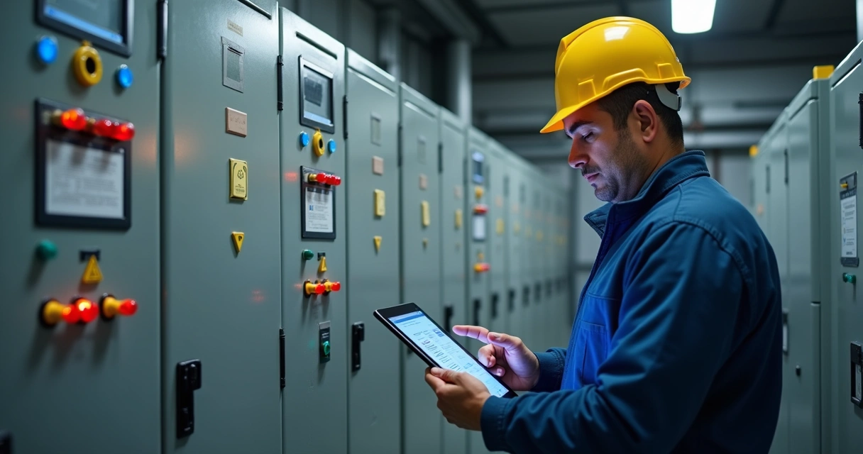 Técnico usando tablet para inspeção digital em sala elétrica moderna
