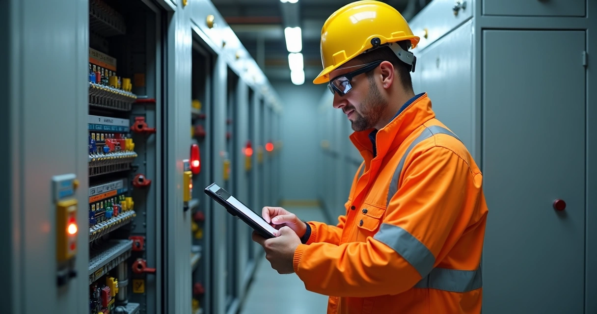 Técnico fazendo inspeção elétrica de painel industrial