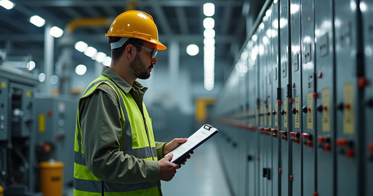 Técnico inspecionando painel elétrico industrial 
