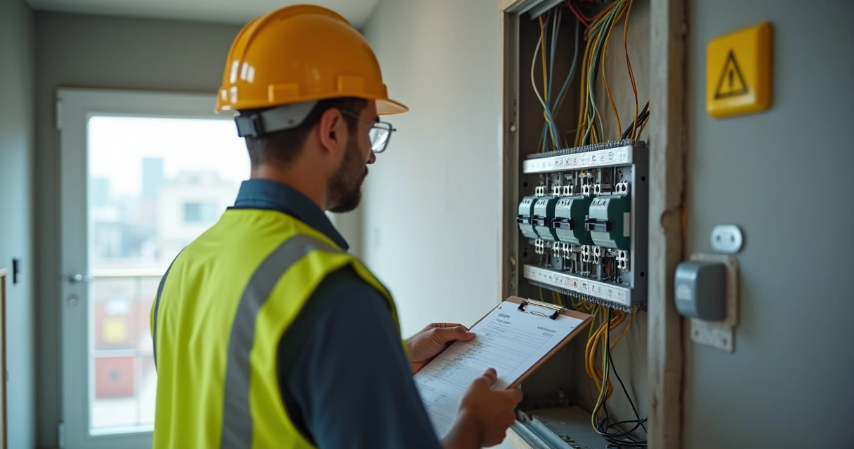 Inspetor avaliando instalação elétrica com clipboards e ferramentas 