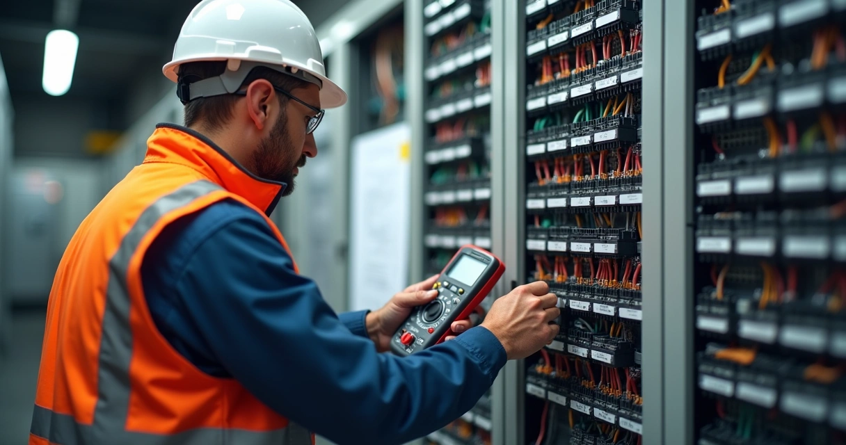 Engenheiro fazendo inspeção elétrica em quadro de condomínio 