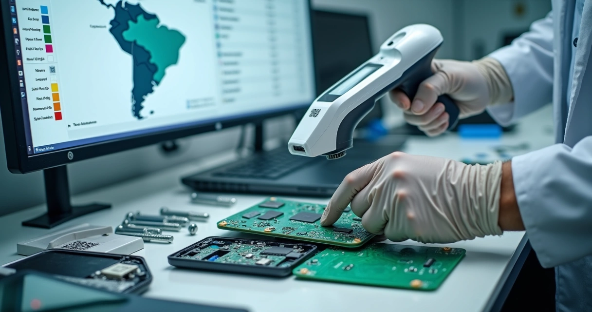 Técnico analisa placa eletrônica com scanner em bancada laboratorial 