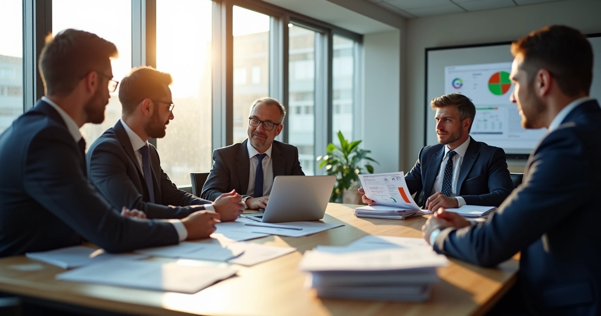 Auditor do trabalho analisando documentos em uma mesa de escritório empresarial