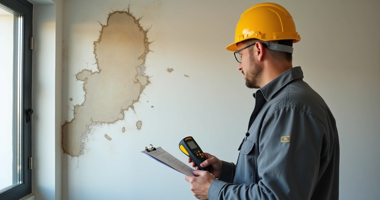 Engenheiro com prancheta examinando infiltração em parede interna 