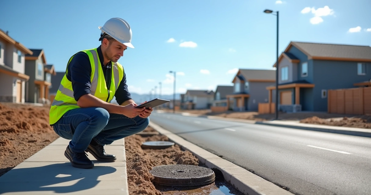 Engenheiro inspecionando infraestrutura de loteamento recém-construído 