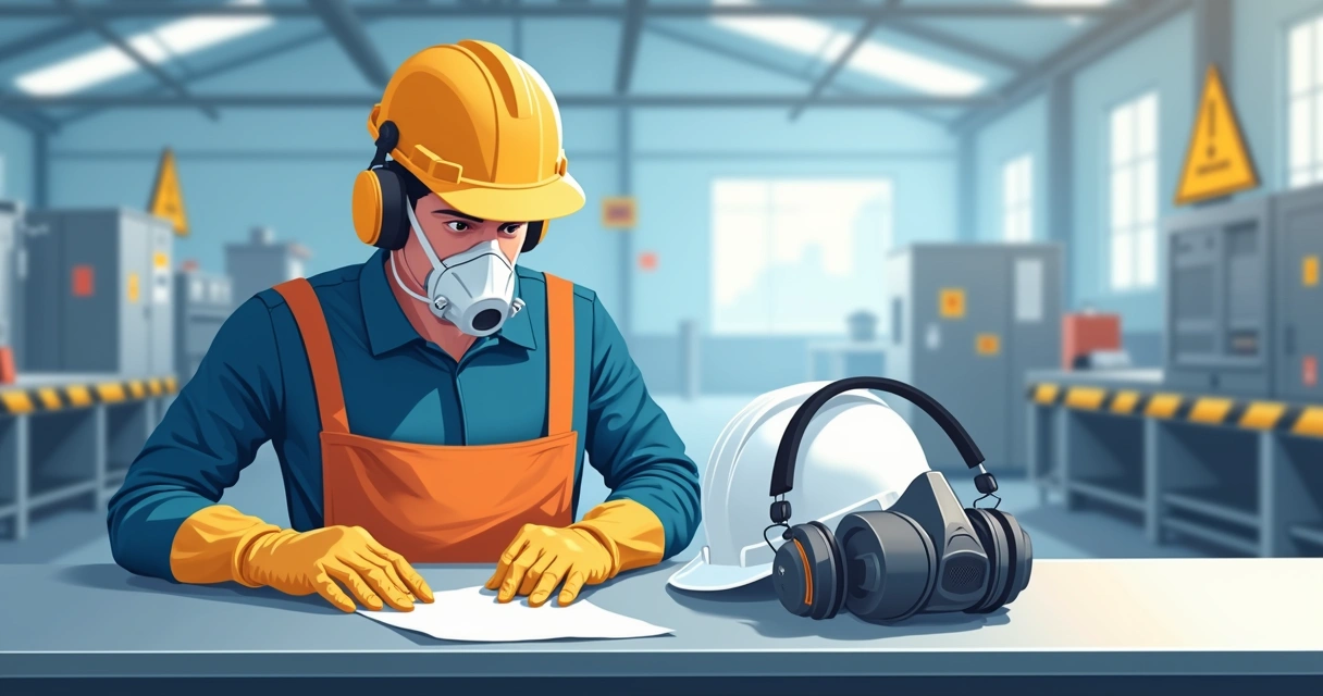 Técnico verifica capacete, luvas e respirador sobre bancada 
