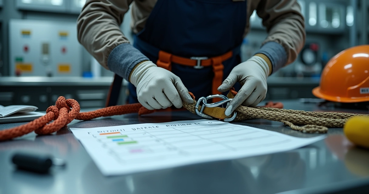 Trabalhador inspecionando cinto de segurança e cordas antes do uso