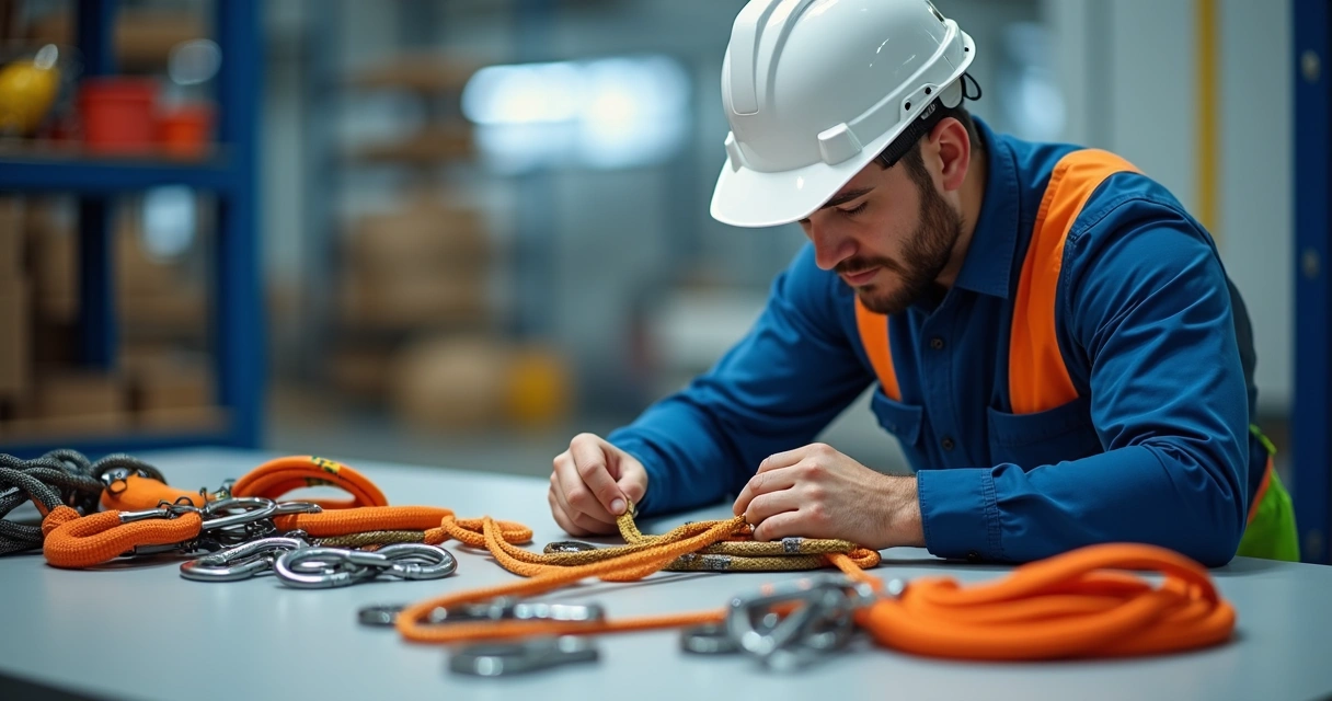 Técnico realizando inspeção em equipamentos de corda de segurança.