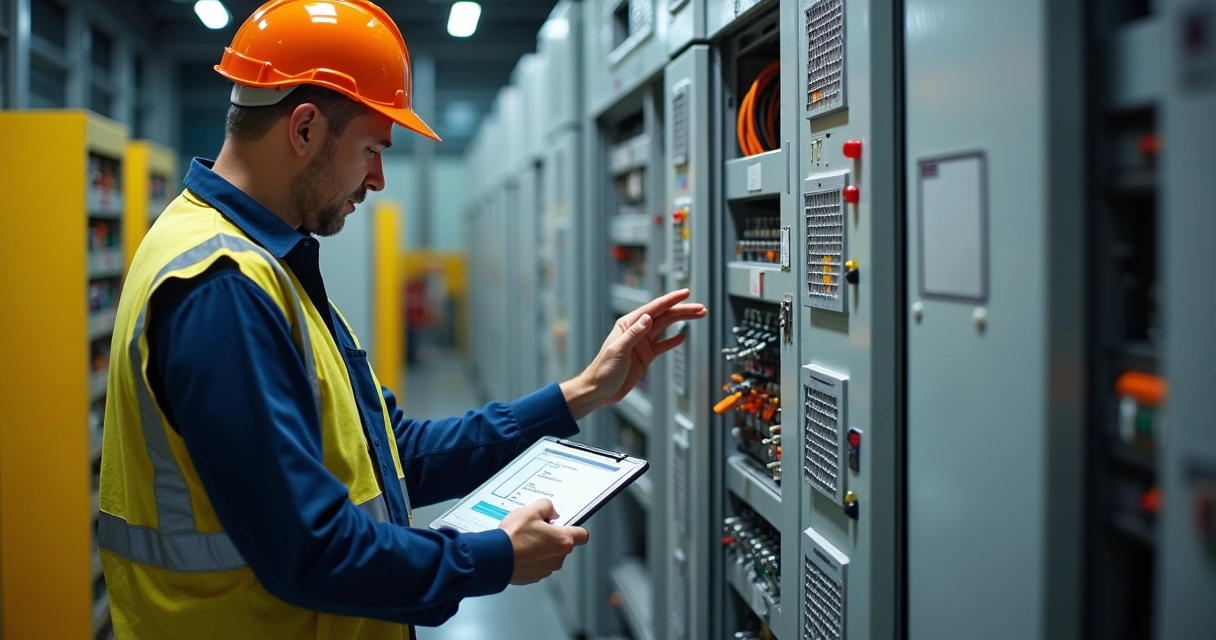 Técnico inspecionando quadro elétrico industrial com tablet 