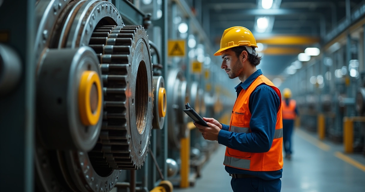 Técnico inspecionando equipamento industrial com tablet e EPI