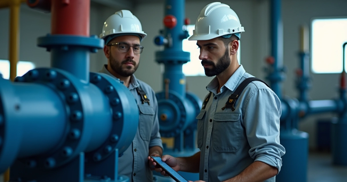 Engenheiro inspecionando válvula em equipamento de gás industrial 