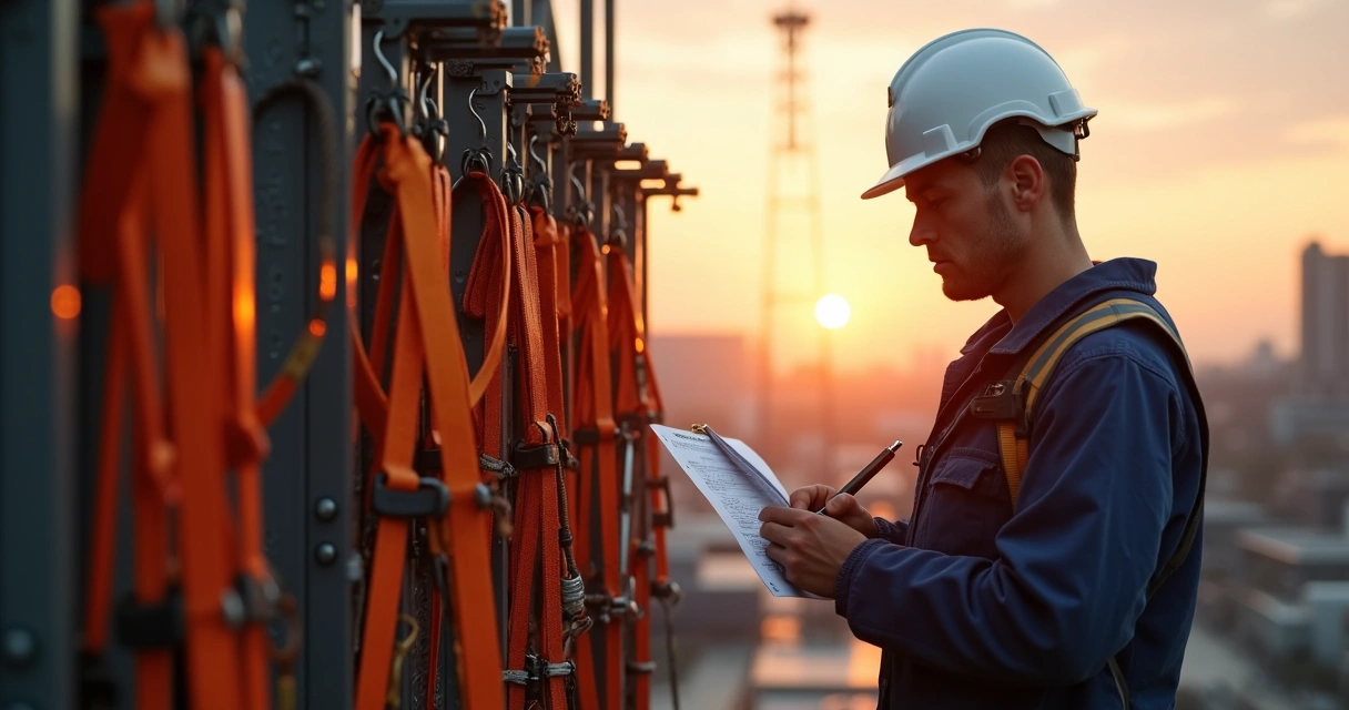 Técnico inspecionando equipamento de trava-quedas para trabalho em altura