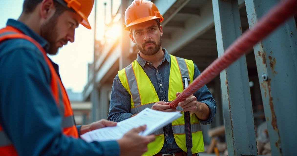 Dois profissionais fazem inspeção detalhada em linha de vida instalada em estrutura metálica de obra. 