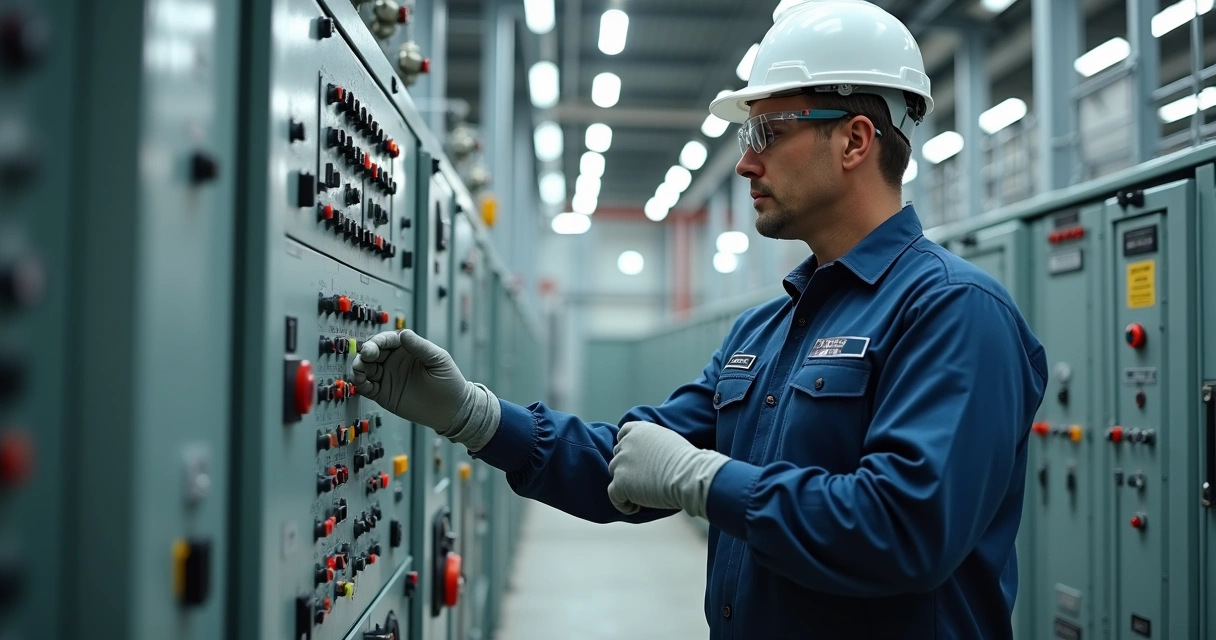 Engenheiro inspeciona painéis e equipamentos elétricos industriais 