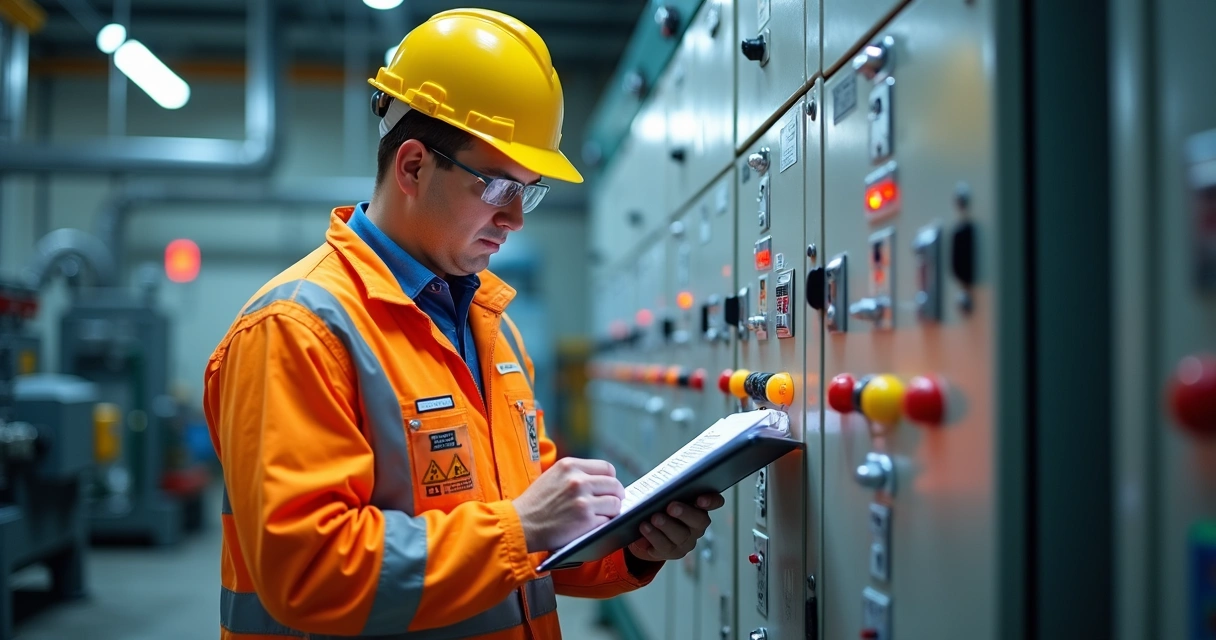 Técnico inspecionando painel elétrico com checklist 