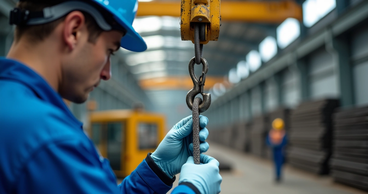 Técnico inspecionando cabos e ganchos de guindaste 