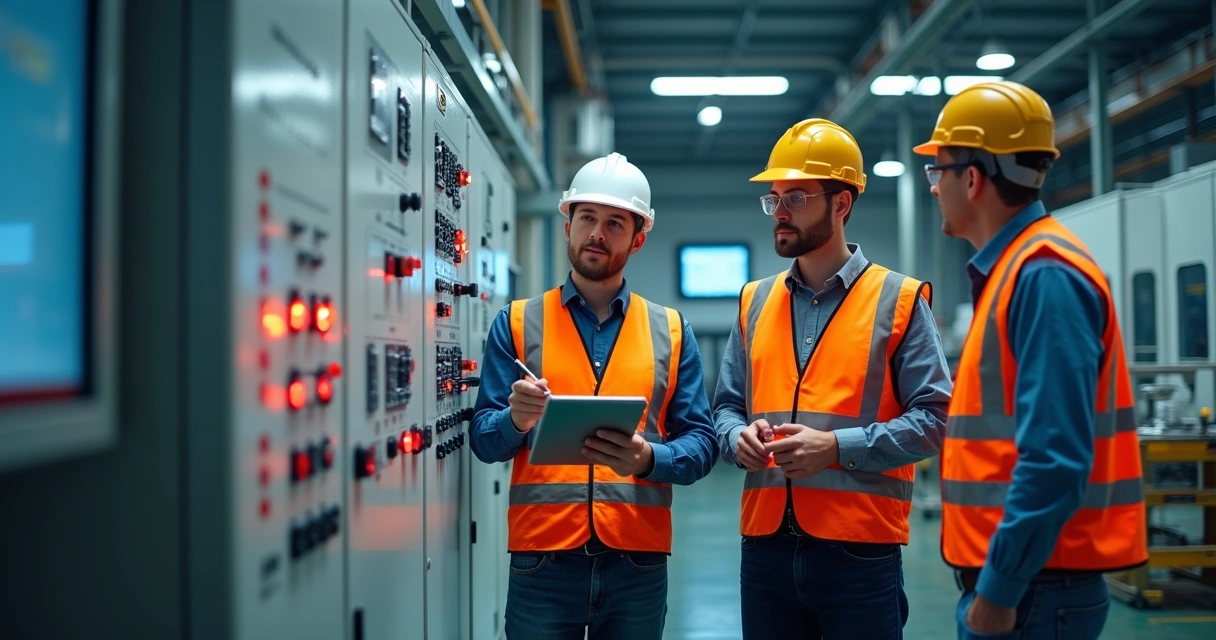 Inspeção de equipamentos industriais com equipe analisando painel de controle