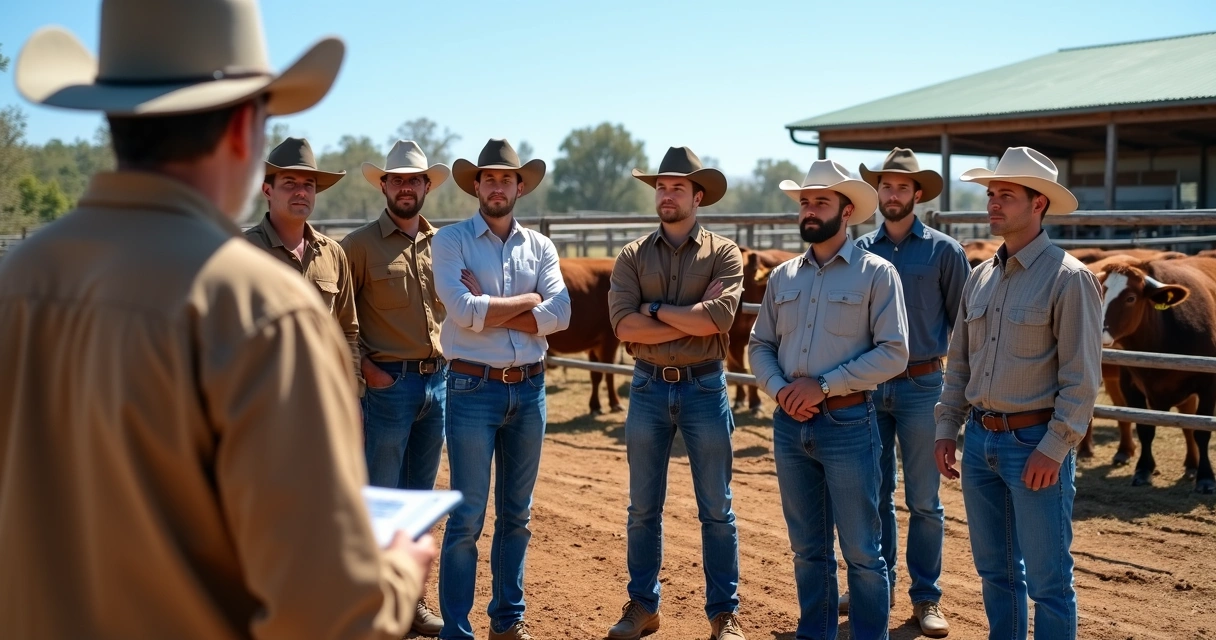 Equipe rural alinhada em reunião no curral 