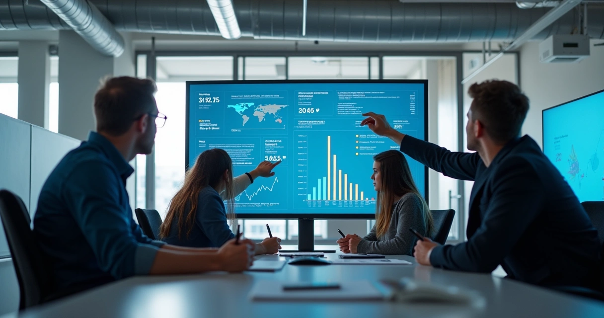 Equipe de tecnologia revisando painel de sistema interno em escritório 