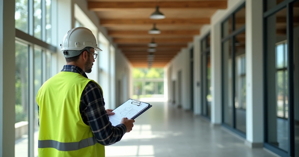 Engenheiro inspecionando estrutura em área comum de edifício residencial 