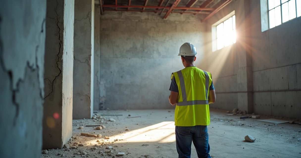 Engenheiro vistoriando rachaduras em galpão industrial após sinistro 