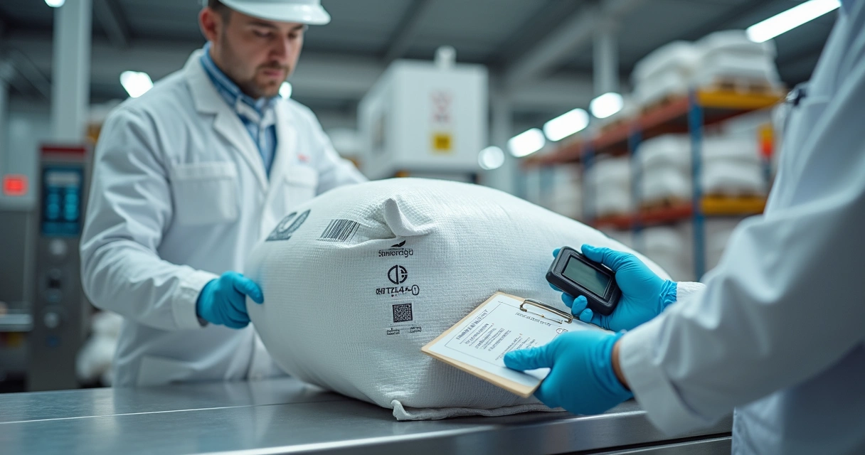 Supervisor inspecionando selo de segurança em big bag em armazém 