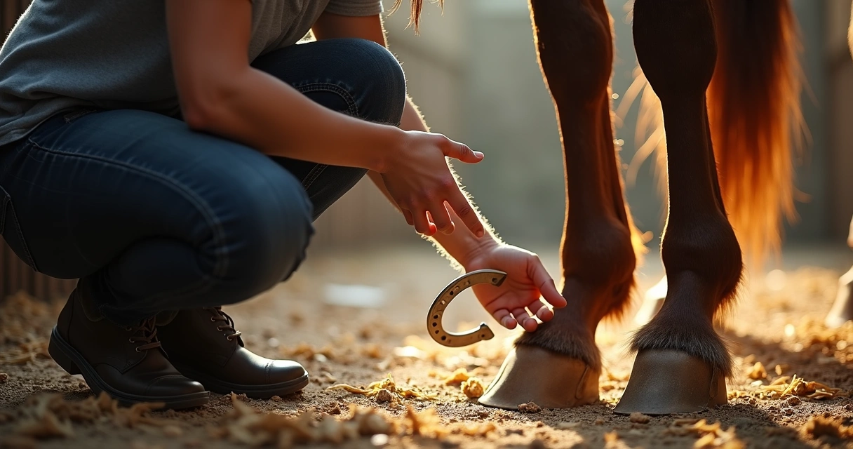 Pessoa inspecionando a ferradura de um cavalo em estábulo