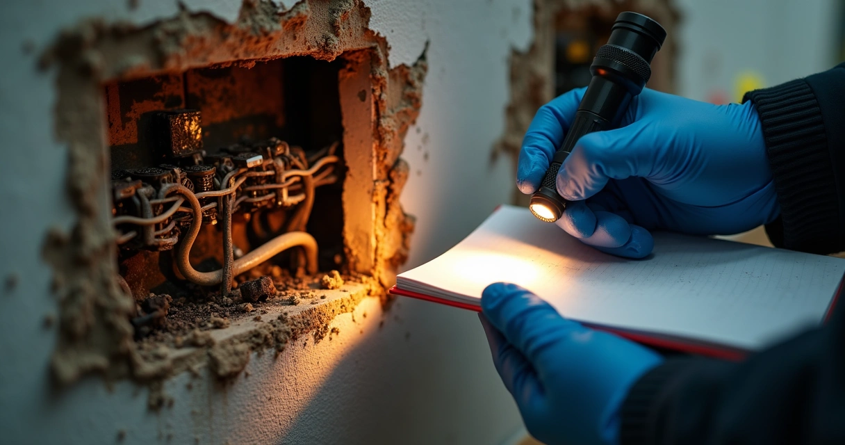 Inspeção de fiação queimada em instalação elétrica 