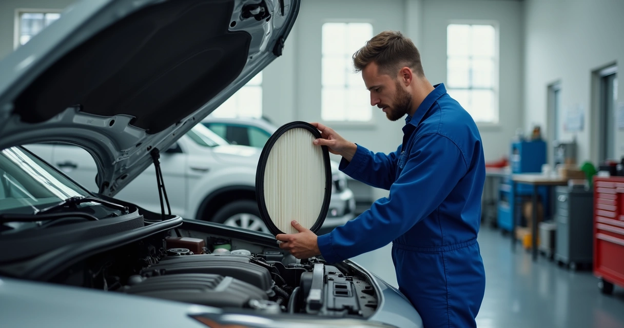 Mecânico inspecionando filtro de ar de carro em oficina 