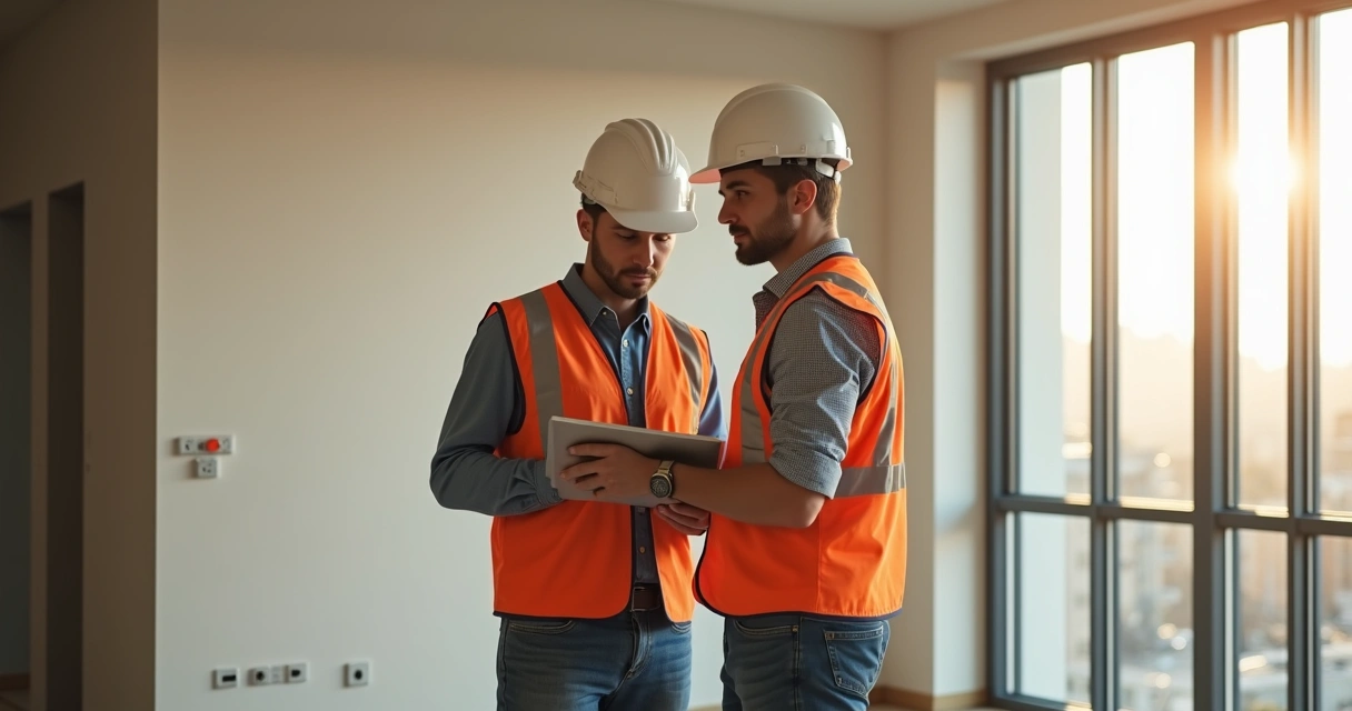 Engenheiro realiza vistoria em apartamento, com tablet, ao lado do cliente. 