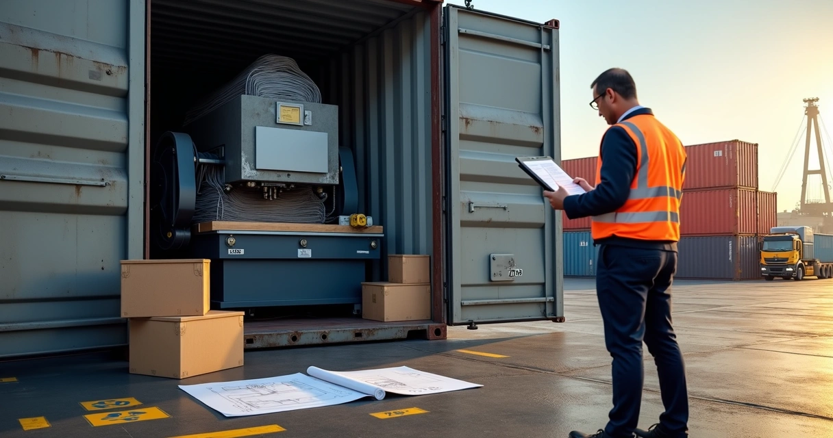Fiscal analisa container aberto com máquina industrial em porto de importação 