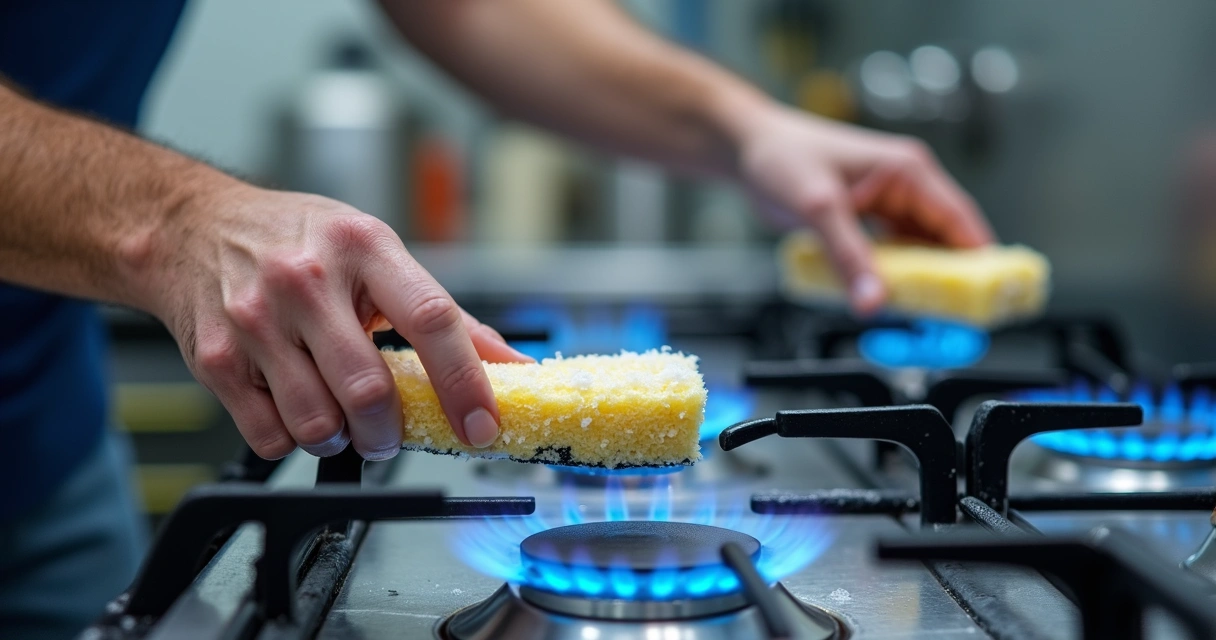 Pessoa inspecionando queimadores do fogão com chama acesa azul 