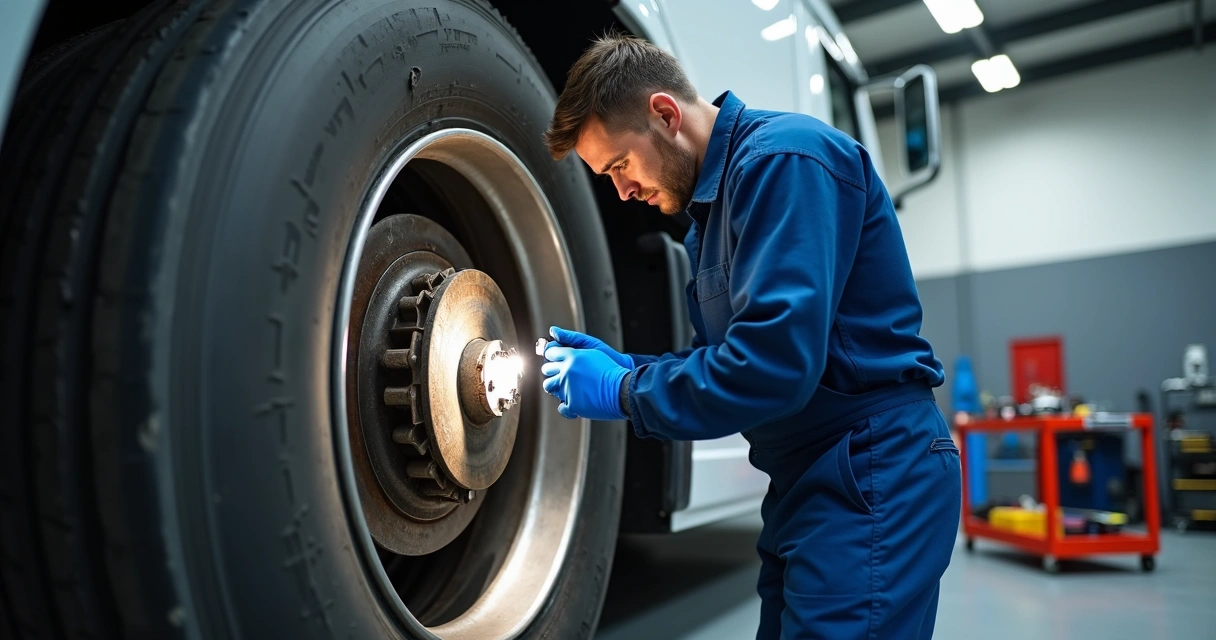 Mecânico examinando freio de caminhão na oficina