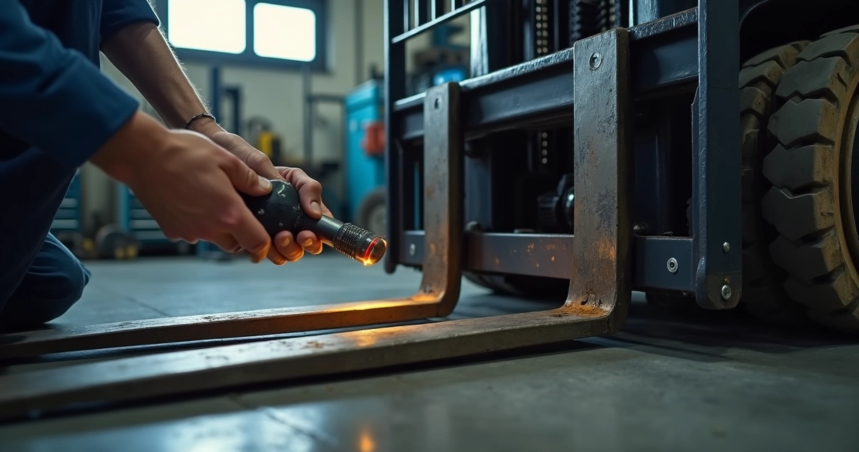 Técnico inspecionando garfos extensivos com ferramentas