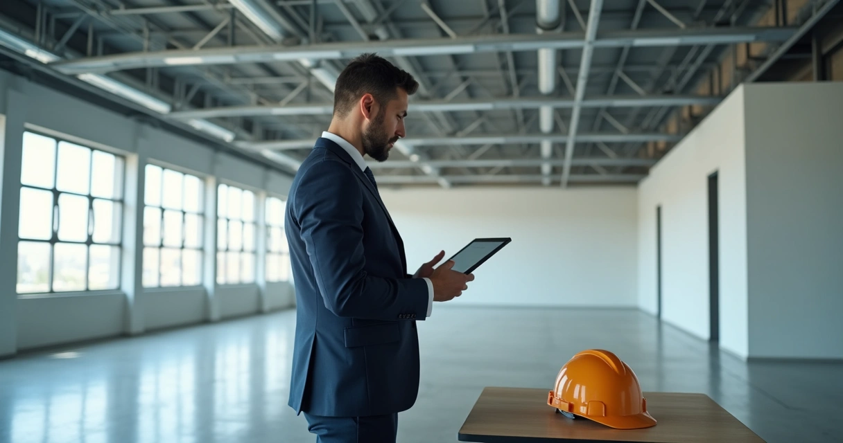 Engenheiro vistoriando sala comercial vazia com tablet 