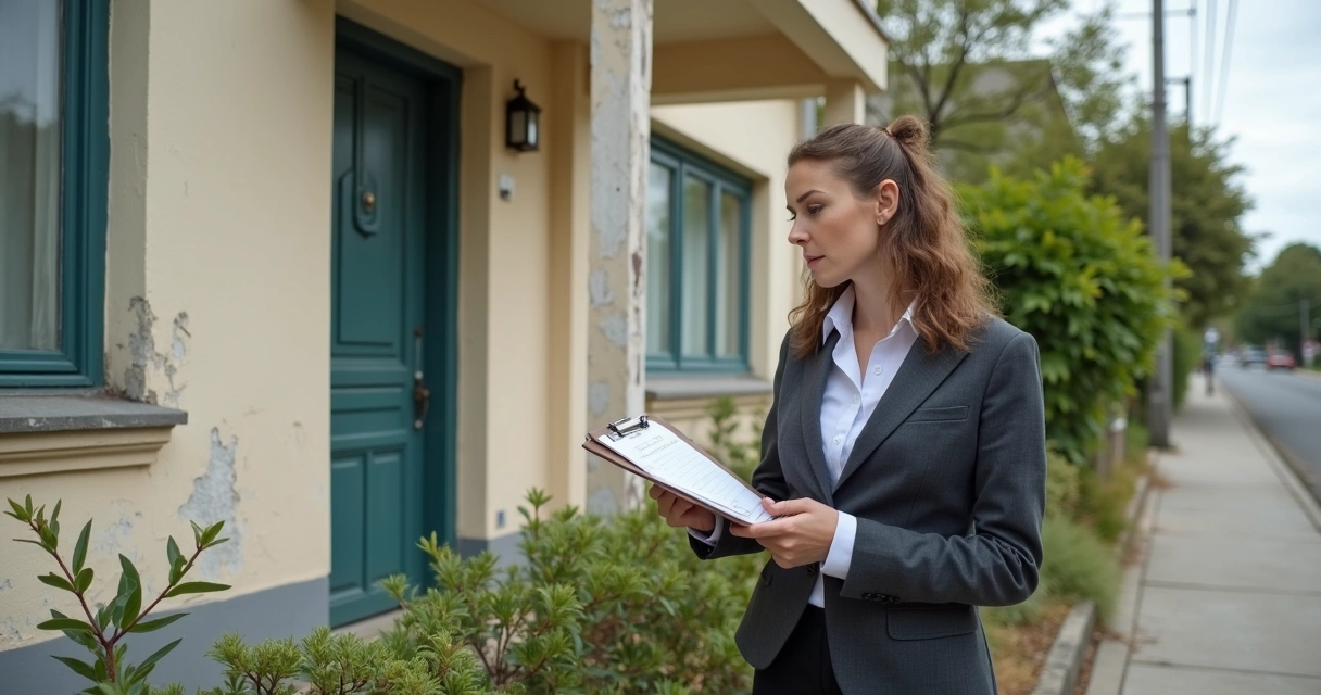 Corretor analisa imóvel externo para avaliar condições de leilão