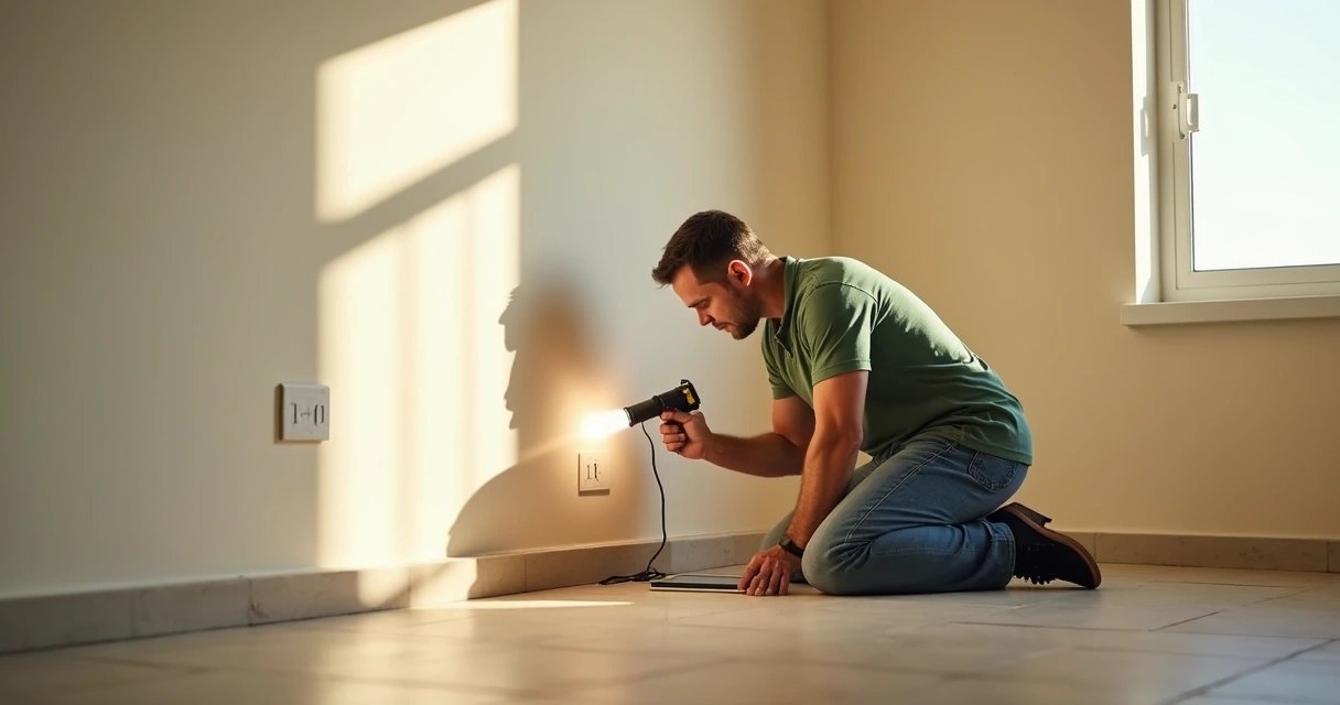 Pessoa inspecionando condição de parede e piso de imóvel