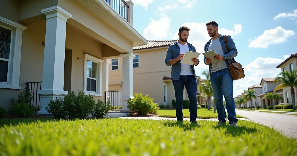 Corretor e inspetor avaliando a estrutura de uma casa residencial em Orlando com pranchetas e equipamentos de medição 