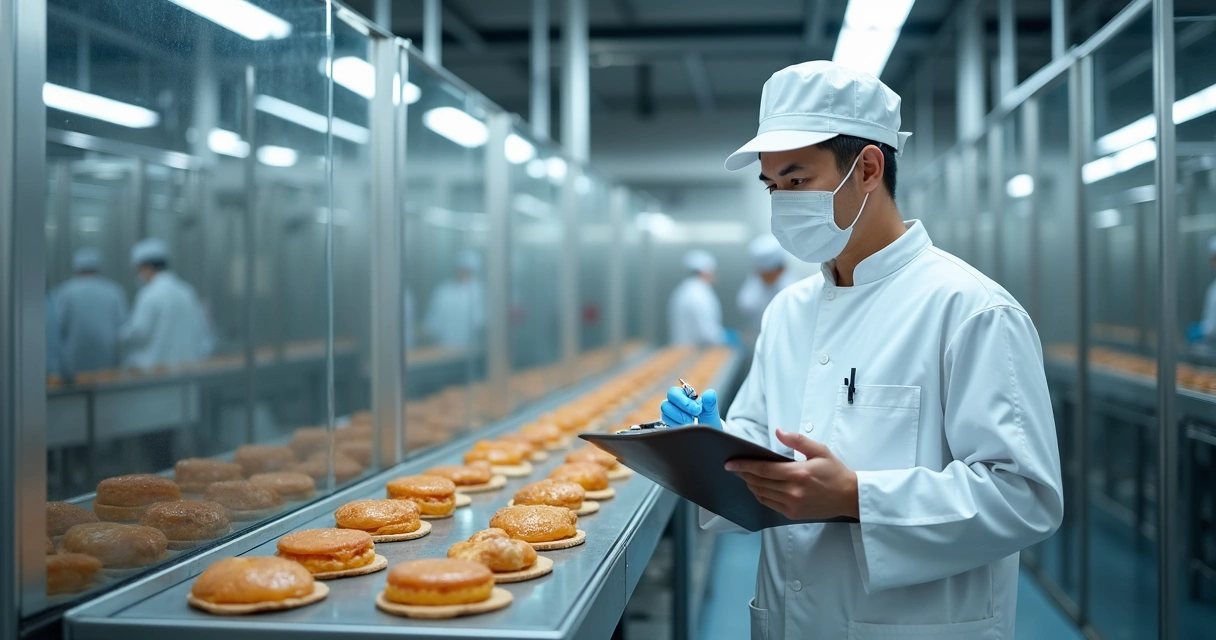 Colaborador verifica itens de segurança em ambiente de produção de alimentos 