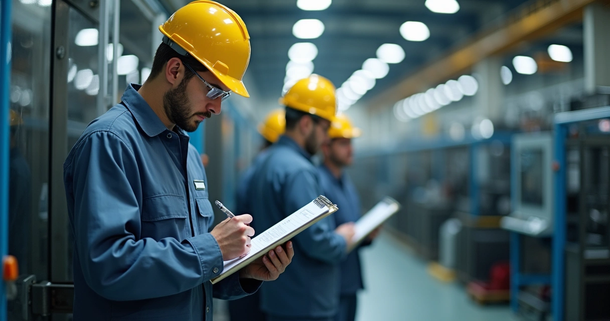 Técnico analisando máquina industrial com checklist de inspeção 