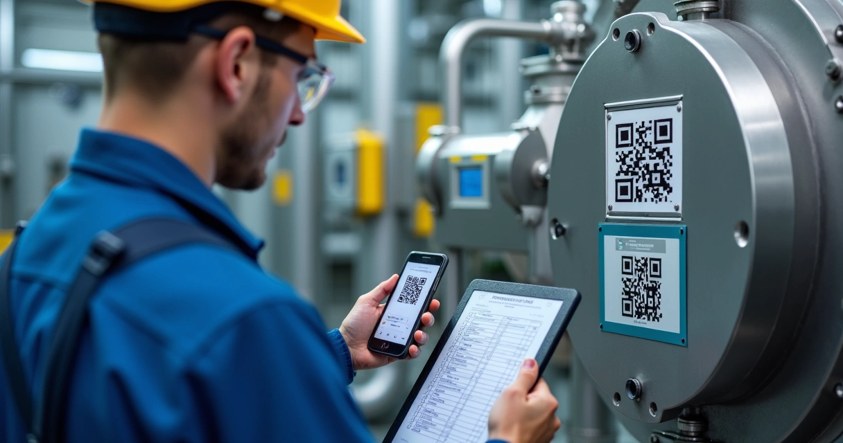 Técnico inspecionando equipamento industrial usando QR code
