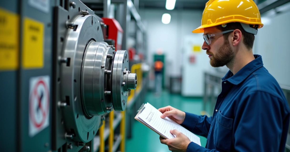 Técnico inspecionando máquina industrial com prancheta 