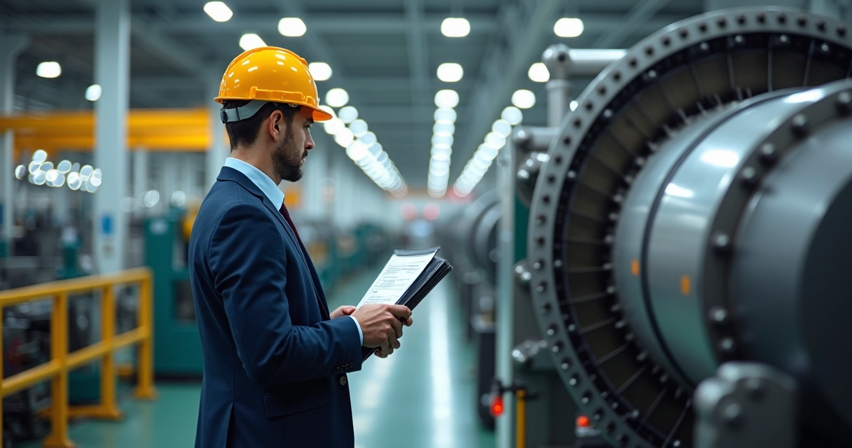 Inspetor verifica máquina industrial em fábrica 